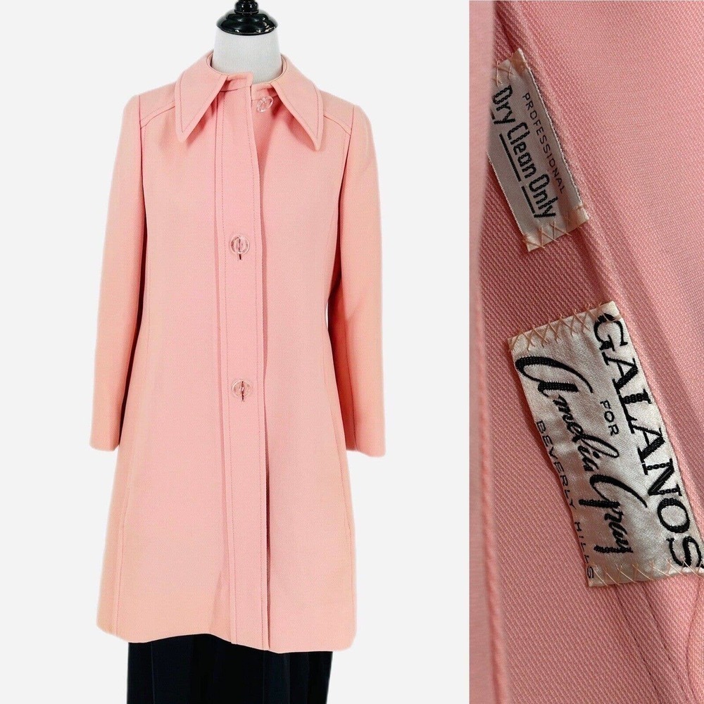 James Galanos Amelia Gray Vintage Pink Pea Coat 1950s Clear Buttons MCM Retro